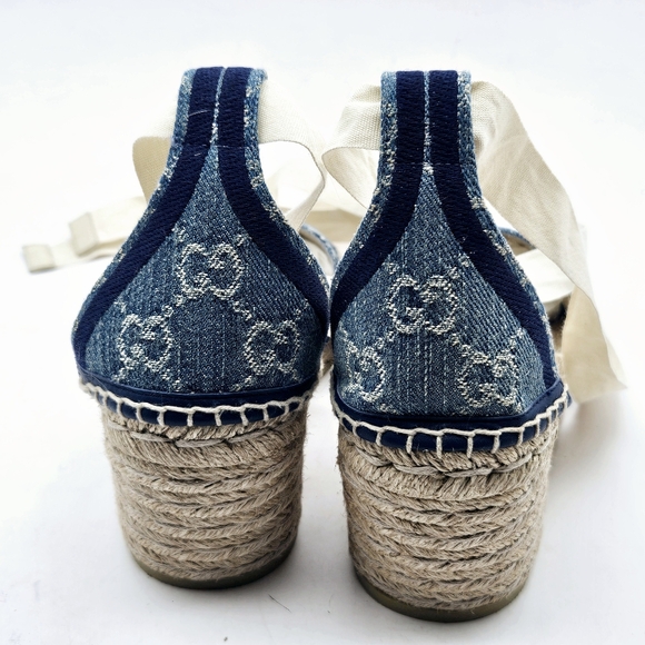 GUCCI Pilar GG Logo Blue Denim Pilar Espadrille Wedge Sandals size 37 7 NEW - Picture 10 of 11